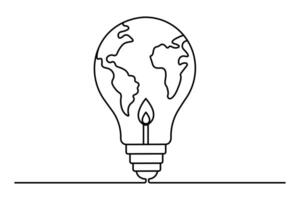 Earth globe continuous one line drawing inside lightbulb and earth hour outline art illustration vector