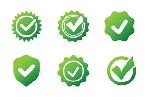 Set of green verification icons including checkmarks, shields, and badges, symbolizing approval, security, and quality assurance. Perfect for UI, branding, certification, and trust-based designs vector