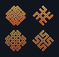 Intricate orange geometric maze-like patterns, inspired by traditional and modern design elements. Slavic symbols Belobog and Svarog vector