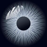 Realistic human eye iris with intricate electric blue details and radial energy patterns, glowing in the dark. A futuristic, sci-fi inspired symbol of vision, perception, and artificial intelligence vector