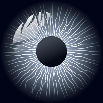 Realistic human eye iris with intricate electric blue details and radial energy patterns, glowing in the dark. A futuristic, sci-fi inspired symbol of vision, perception, and artificial intelligence