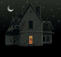 Mysterious haunted house at night with a glowing window, surrounded by leafless trees and a starry sky. Perfect for horror, Halloween, and gothic-themed projects vector