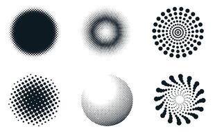 Minimalistic black and white halftone gradient dots, creating different optical effects and abstract designs vector