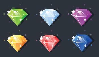 Set of six colorful glowing crystals in blue, green, red, and yellow, emitting energy. Ideal for fantasy, gaming, and mystical projects, symbolizing magic and power vector