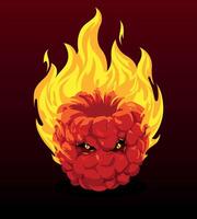 Fiery red berry monster with blazing flames and angry eyes, representing rage, power, and fantasy creature aesthetics. Burning raspberry berry vector