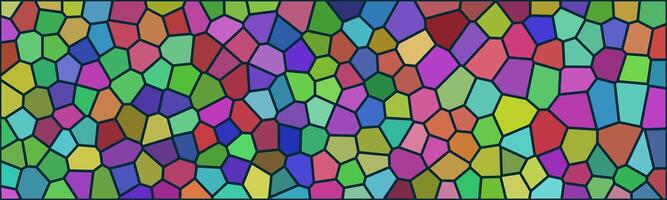 A vibrant, abstract mosaic with irregular polygonal shapes in various colors, resembling stained glass. The bold black outlines separate each colorful segment, creating a dynamic, artistic pattern. vector