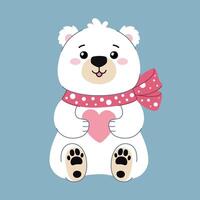 Cute teddy bear sitting with a heart in his paws, front view. Polar bear with a polka dot bow and a cute smiling face. Character for Valentine's Day, Birthday and other holidays. vector