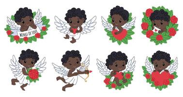 Cute African American cupids set. Characters for Valentine's Day. Charming cupids sitting in flowers, with an envelope, taking aim with a bow. vector