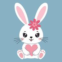 Cute bunny sitting with a heart in his paws, front view. White rabbit with a flower and a cute smiling face. Character for Valentine's Day, Birthday and other holidays. vector