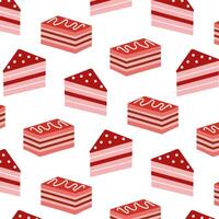 Seamless pattern with layered cake slices in red and pink tones on a white background. Sweet dessert illustration with icing details, ideal for bakery-themed designs and packaging. vector
