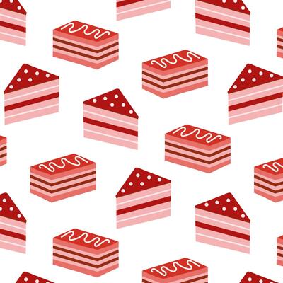 Seamless pattern with layered cake slices in red and pink tones on a white background. Sweet dessert illustration with icing details, ideal for bakery-themed designs and packaging.