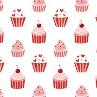 Seamless pattern with pink cupcakes decorated with cherries and hearts on a white background. Perfect for Valentine's Day, bakery designs, and romantic themed projects. vector