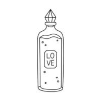 Lovely line love potion bottle with elixir and vintage lid. Hand drawn magical and enchanted glass flask with magic liquid. Cute esoteric doodle of wizard, alchemist isolated on background vector