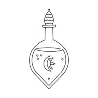 Lovely outline magic potion in round glass vial with esoteric symbol on label of moon and sun, liquid. Cute hand drawn doodle elixir for magical transformation, wizard spell, mystery ritual isolated. vector