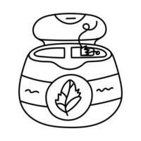 Funny line doodle dental floss in open round case with mint taste. Cute hand drawn container of teeth string with label for interdental cleansing. Health care, stomatology tool isolated on white. vector