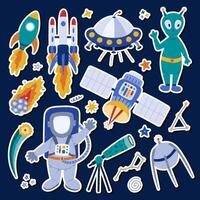 Cute cartoon sticker set about space, astronomy for planners, notebooks. Ready for print list of childish stickers with clipart of astronaut, asteroid, spaceship, satellite, alien. Diary decoration. vector
