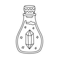 Lovely doodle magic potion in glass vial with gem crystal on label and liquid. Hand drawn outline magical esoteric elixir. Fantasy flask clipart as sign wizard, Halloween, mystery isolated on white. vector