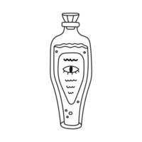 Lovely outline magic potion with liquid, all seeing eye on label, elegant lid. Hand drawn doodle witchcraft or alchemy elixir in glass vial, jar. Cute mystery and esoteric sign isolated on background. vector