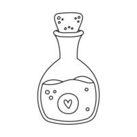 Lovely doodle magic potion in glass vial with heart on label, cork, elixir. Hand drawn line witchcraft and fantastic liquid. Esoteric flask clipart as sign of alchemist, ritual isolated on white vector