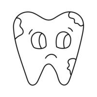 Lovely scribble tooth with caries and sad emotion. Ill tooth with unhappy face from disease and bad hygiene. Stomatology and tooth decay concept for infographic about importance of kids dental care vector