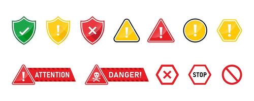 Safe and unsafe caution road sign icon set. Caution signs, construction, protection, do not cross, danger, warning, and suspicious activity icon pack vector
