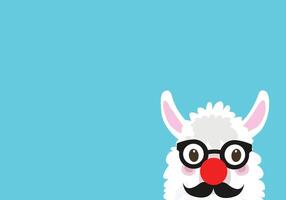 Funny white llama peeking from the corner with glasses, a red clown nose, and a mustache on a blue background. vector