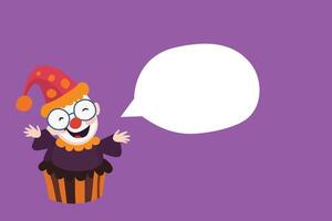 Clown in a cupcake costume on a purple background with a blank speech bubble, perfect for April Fools or humor themes. vector