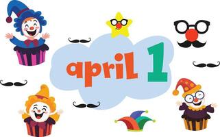 Colorful April 1 text surrounded by clowns, a star, glasses, and mustache graphics, creating a fun April Fools Day design. vector
