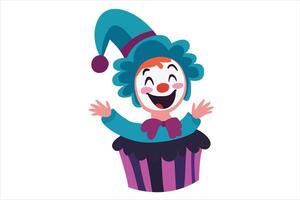 Cheerful blue clown cupcake character with a jester hat and red clown nose, celebrating April Fools Day in a playful design. vector