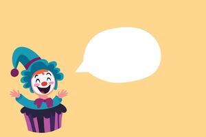 Cute jester clown in a cupcake costume with a speech bubble on a light orange background, playful and perfect for April Fools. vector
