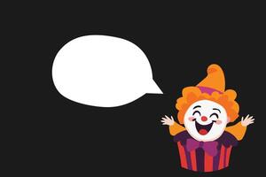 Smiling clown in a cupcake costume with a speech bubble on a black background, creating a humorous and festive design. vector