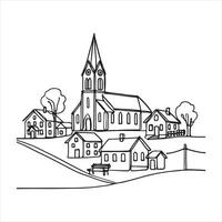 Village Continuous one line art drawing style black silhouette on white background vector