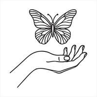 Continuous one line drawing of hand holding butterfly silhouette white background vector