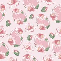 seamless pattern of easter eggs painted with floral motifs, namely open buds of pink magnolias on a pink background, for drawing, for posters or banners vector