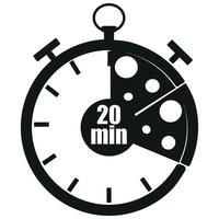 original black and white icon for delivery service with a stopwatch dial and pizza slices and 20 minutes signaling the time of delivery of products, for posters, banners or stickers vector