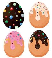 set of designs of easter chicken eggs decorated with easter cupcake with various icing and color sprinkles in different shapes, design element, banner or poster vector