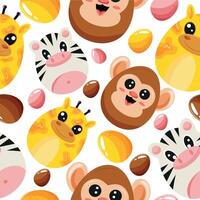 Easter seamless pattern with decorated eggs with zebra, monkey, giraffes and eggs for holiday poster, textile or wrapping vector