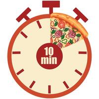 original icon for delivery service with a stopwatch dial and pizza slices and 10 minutes signaling the time of delivery of products, for posters, banners or stickers vector