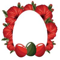 floral easter frame with open buds of red poppies, green leaves and multicolored eggs on a white background, for holiday cards, banners or posters vector