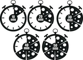 set of original black and white icons for delivery service with stopwatch dial and pizza slices signaling the time of delivery of products, for posters, banners or stickers vector