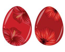set of Easter egg templates painted with floral motifs, namely open red mallows and poppy buds on a red background, for drawing, for posters or banners vector