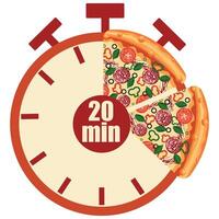 original icon for delivery service with a stopwatch dial and pizza slices and 20 minutes signaling the time of delivery of products, for posters, banners or stickers vector
