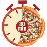 original icon for delivery service with a stopwatch dial and pizza slices and 30 minutes signaling the time of delivery of products, for posters, banners or stickers vector