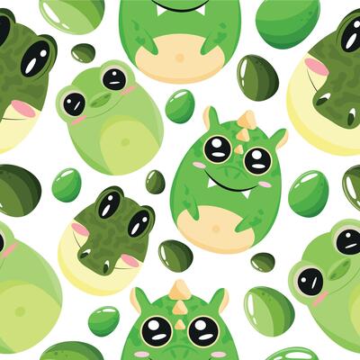 Easter seamless pattern with decorated eggs with green dragons, crocodile and green eggs for holiday poster, textile or wrapping