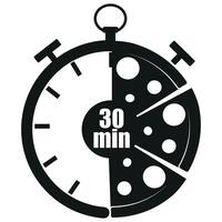 original black and white icon for delivery service with a stopwatch dial and pizza slices and 30 minutes signaling the time of delivery of products, for posters, banners or stickers vector