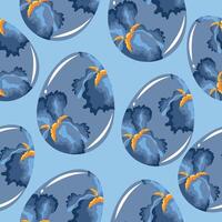 seamless pattern of easter eggs painted with floral motifs, namely open buds of blue irises on a blue background, for drawing, for posters or banners vector