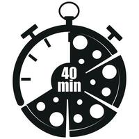original black and white icon for delivery service with a stopwatch dial and pizza slices and 40 minutes signaling the time of delivery of products, for posters, banners or stickers vector