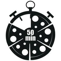 original black and white icon for delivery service with a stopwatch dial and pizza slices and 50 minutes signaling the time of delivery of products, for posters, banners or stickers vector