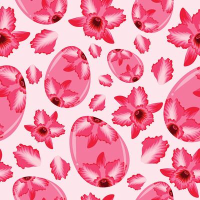 Easter seamless pattern with glass pink eggs with orchid design and pink orchid buds for poster, banner or holiday card
