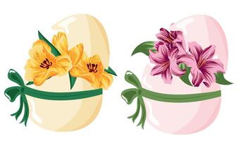 set of originally designed Easter eggs in yellow and pink color, namely the eggshells are filled with yellow tulips and pink lilies for posters, advertisements or banners vector